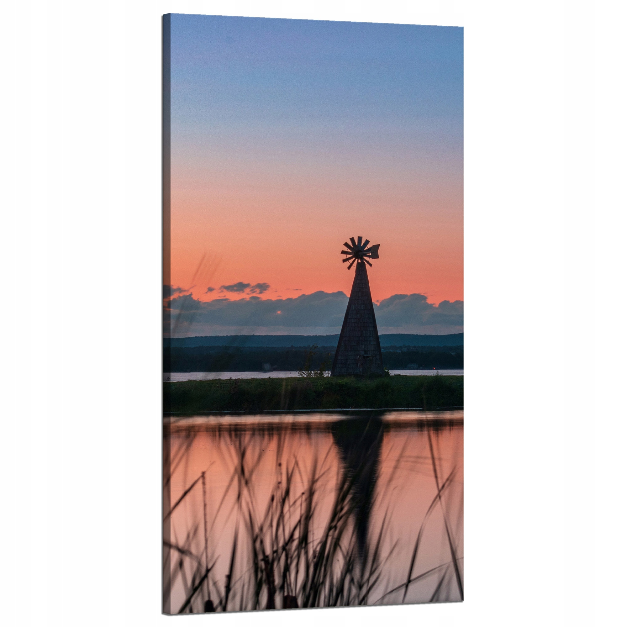 Obraz na plátně Větrný mlýn Nebe Příroda Západ Slunce Jezero Tráva 60x120