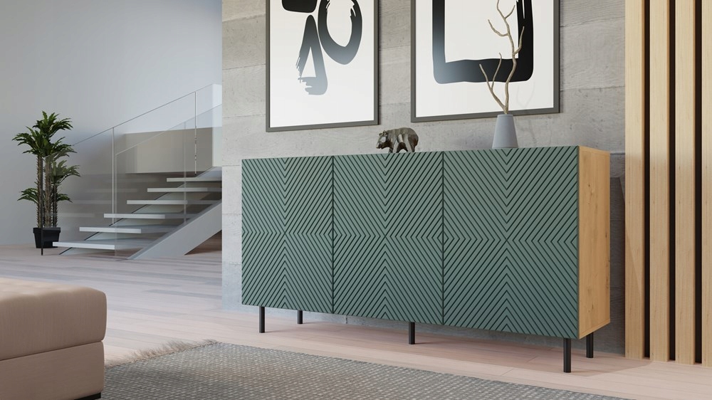 KOMODA 150 cm SZAFKA NOWOCZESNA POJEMNA PÓŁKI DRZWI LAMELE ARTISAN ZIELEŃ Wysokość mebla 78 cm