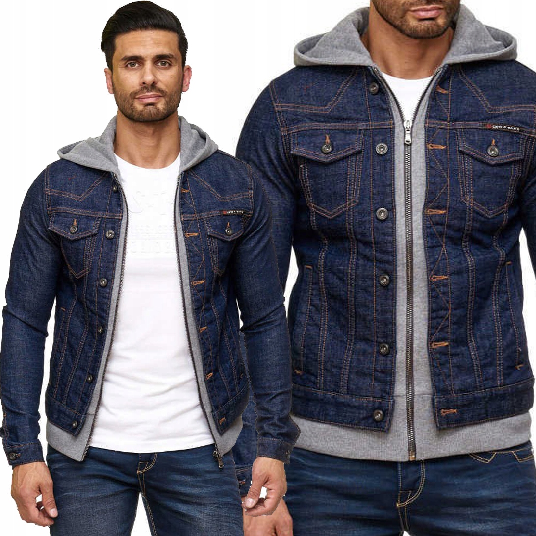 Katana Jeans bunda kombinovaná s mikinou Cipo Baxx Džínová