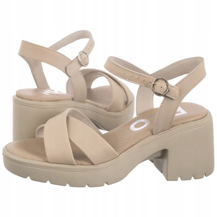 Kožené dámské sandály na podpatku Ryłko béžové 4RF87_Q_ _258