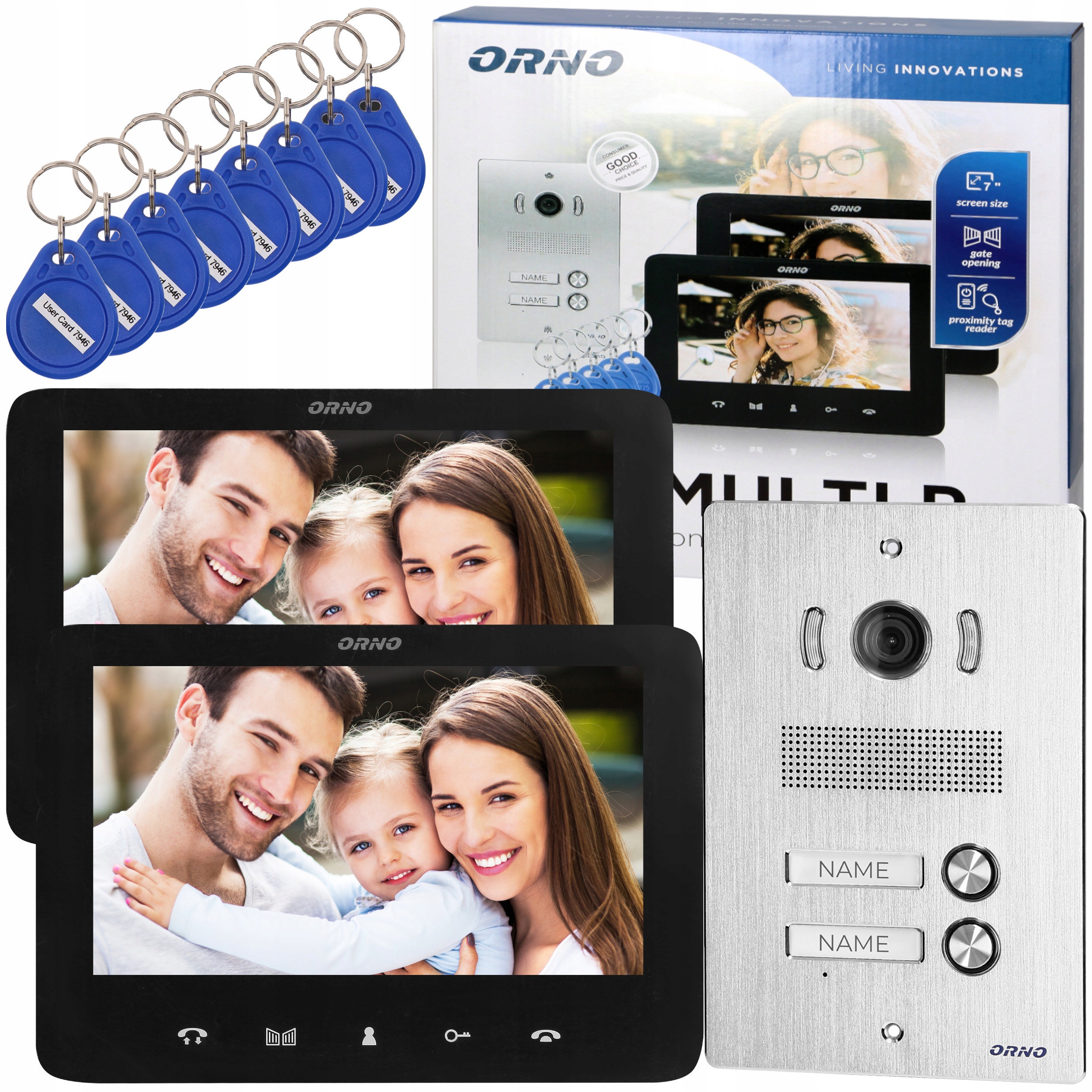 Wideodomofon Dwurodzinny 2 Monitory Podtynkowy Czytnik Breloki Furtka Brama