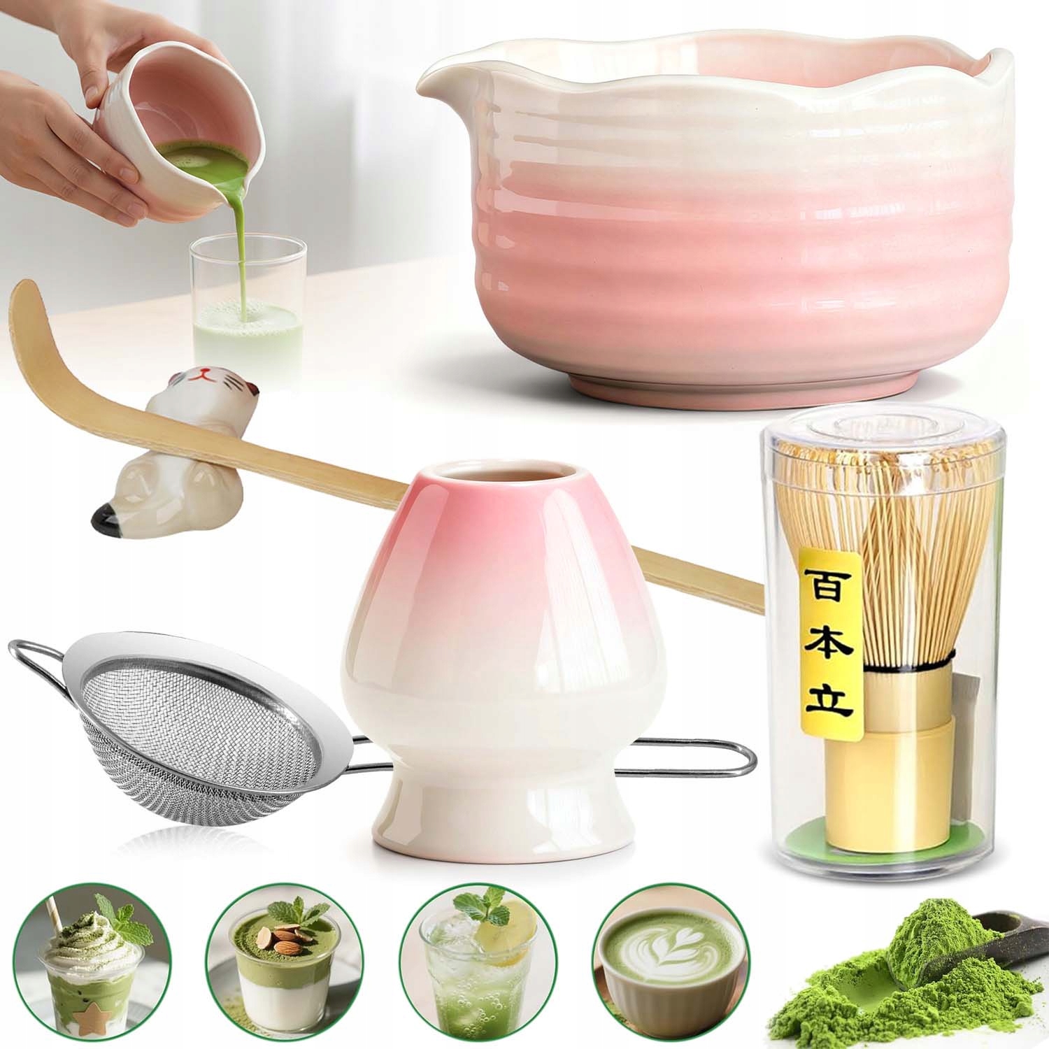 Levně Keramická Sada Na Výrobu Matchy Šlehací Metla Lžíce Prosévač Matcha 6V1