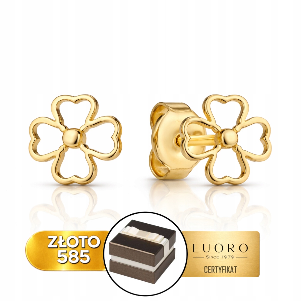 Zlaté Náušnice 585 14K Čtyřlístky Obrys Krabička Dárek Cert.