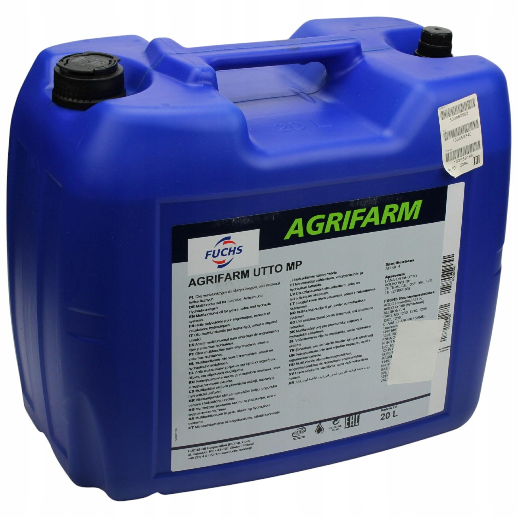 Hydraulický Prevodový Olej Fuchs Agrifarm Utto 20 L