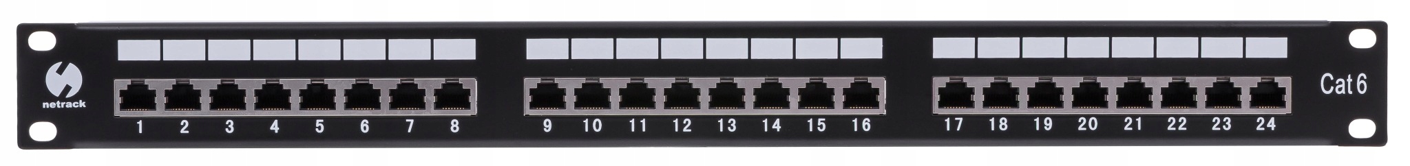 Patch panel Rack 19" 1U, 24 portů kategorie 6 Ftp, Stp, Netrack, s policí, černý