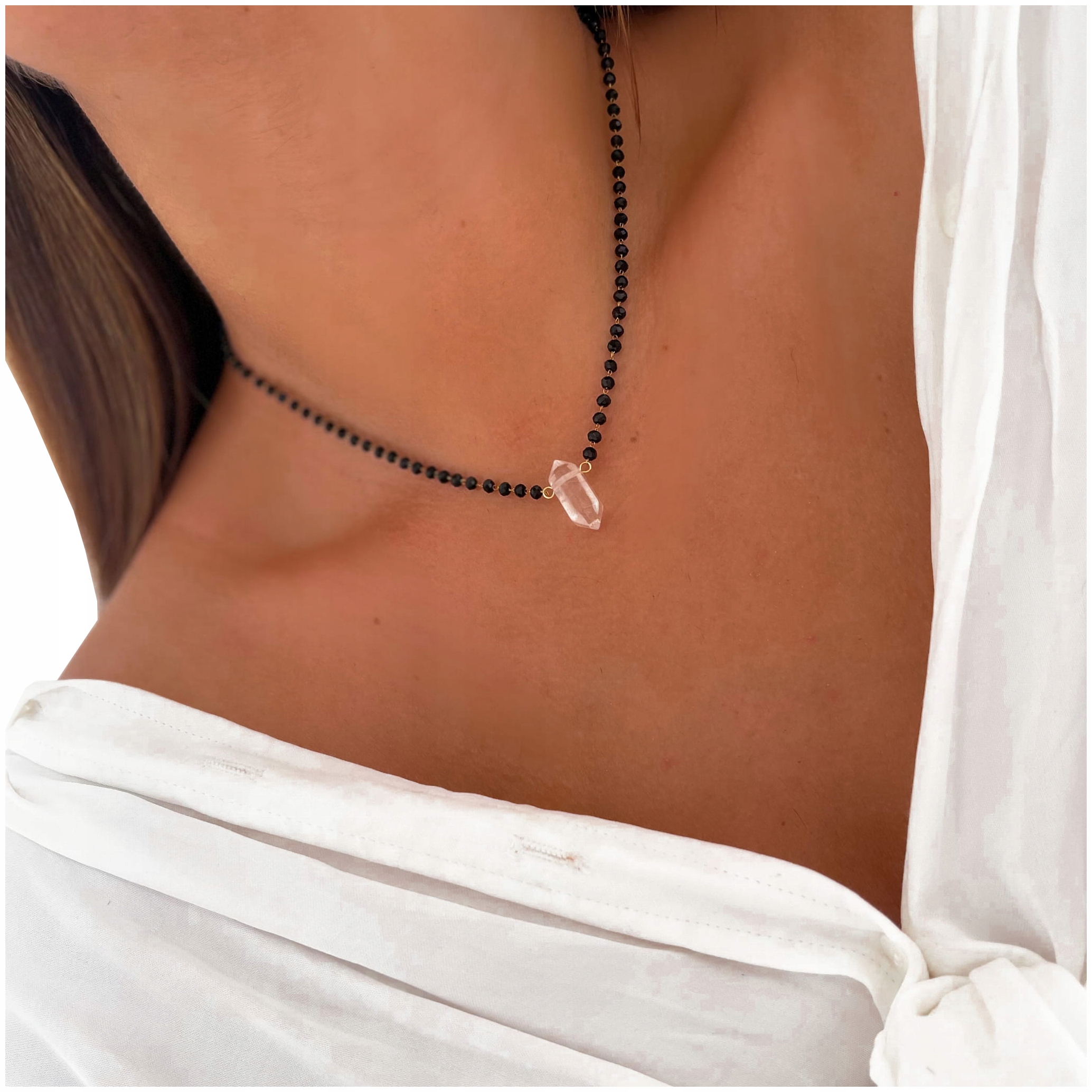 

Naszyjnik stal kryształ górski czarne kryształki