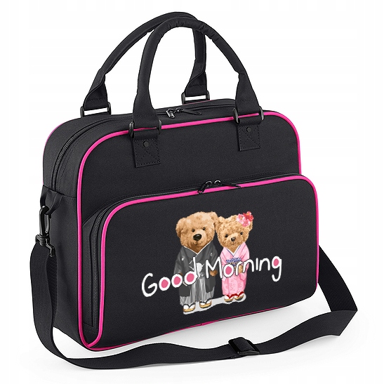 Torba Sportowa Czarno-Różowa Na Siłownie| Modna Teddy Bears Good Morning