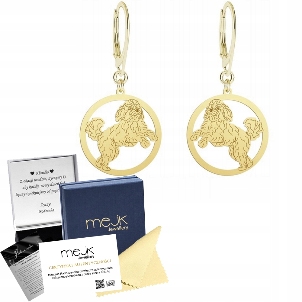 Náušnice Zlaté se psem Cavapoo 925 Dárek Žena Šperky Gravírování Bonus