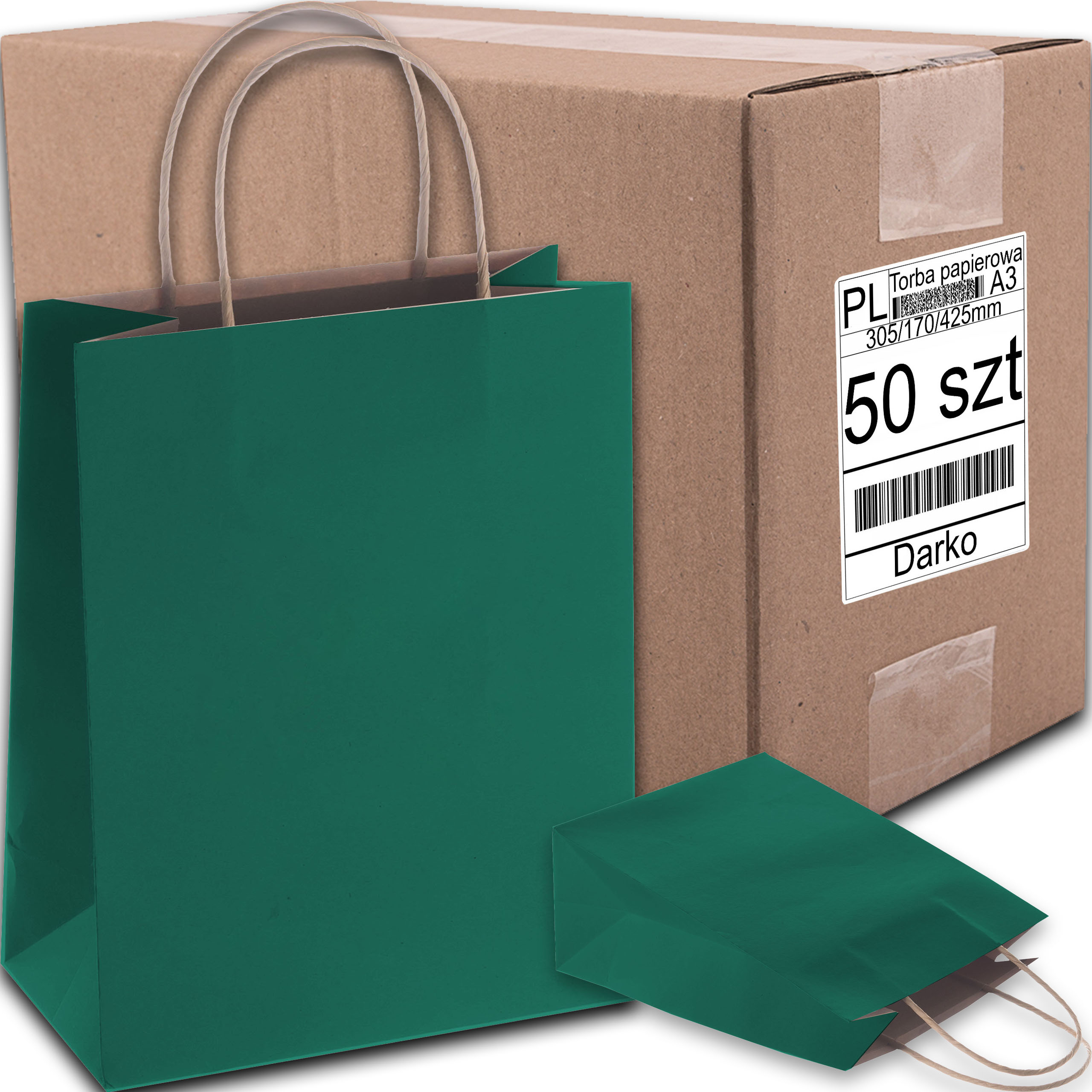 Torba Papierowa Zielona Ciemna A3 305/170/425 50SZT Torebka Eko