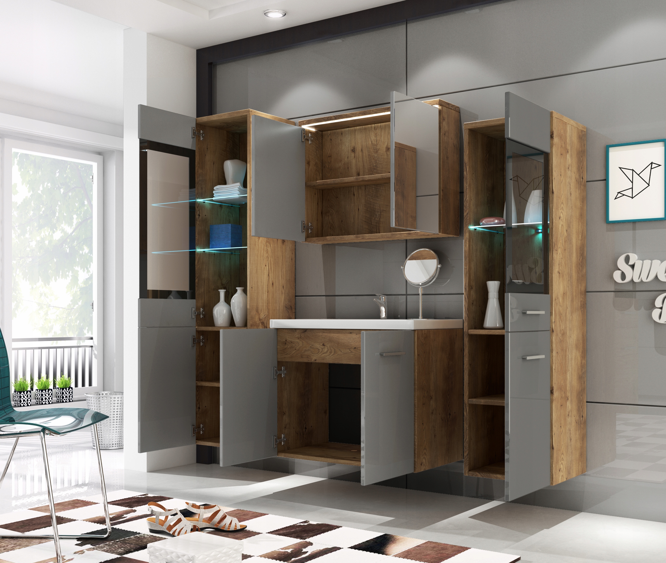 Meble łazienkowe UDINE + UMYWALKA + LUSTRO WITRYNA