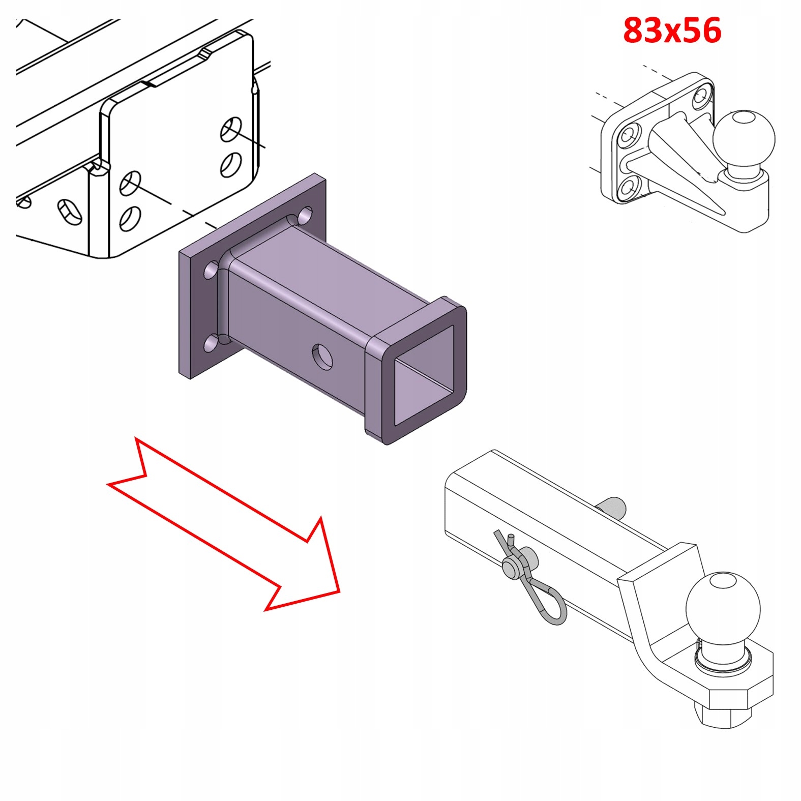 Adaptér na guľový hák 83x56 mm -> 2" Usa 51x51 mm