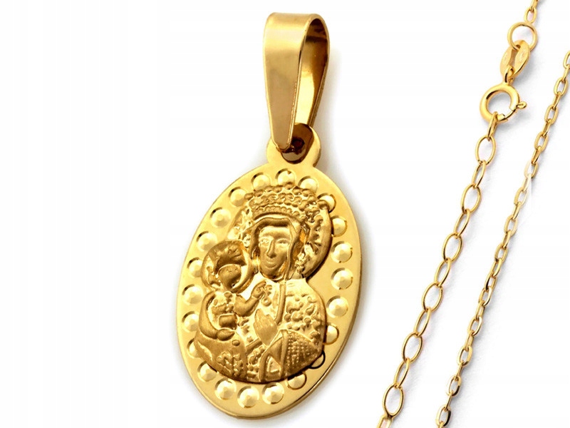 Zlatý komplet šperků 585 řetízek, oválný medailon s Pannou Marií, křest