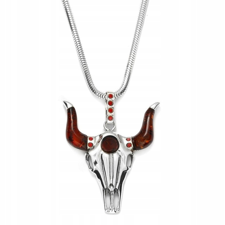 Býk Stříbrný Přívěsek Buwola Lebka S Třešňovým Jantarem