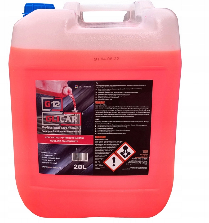 G12 koncentrat płynu do chłodnic Glicar Czerwony Różowy 20L