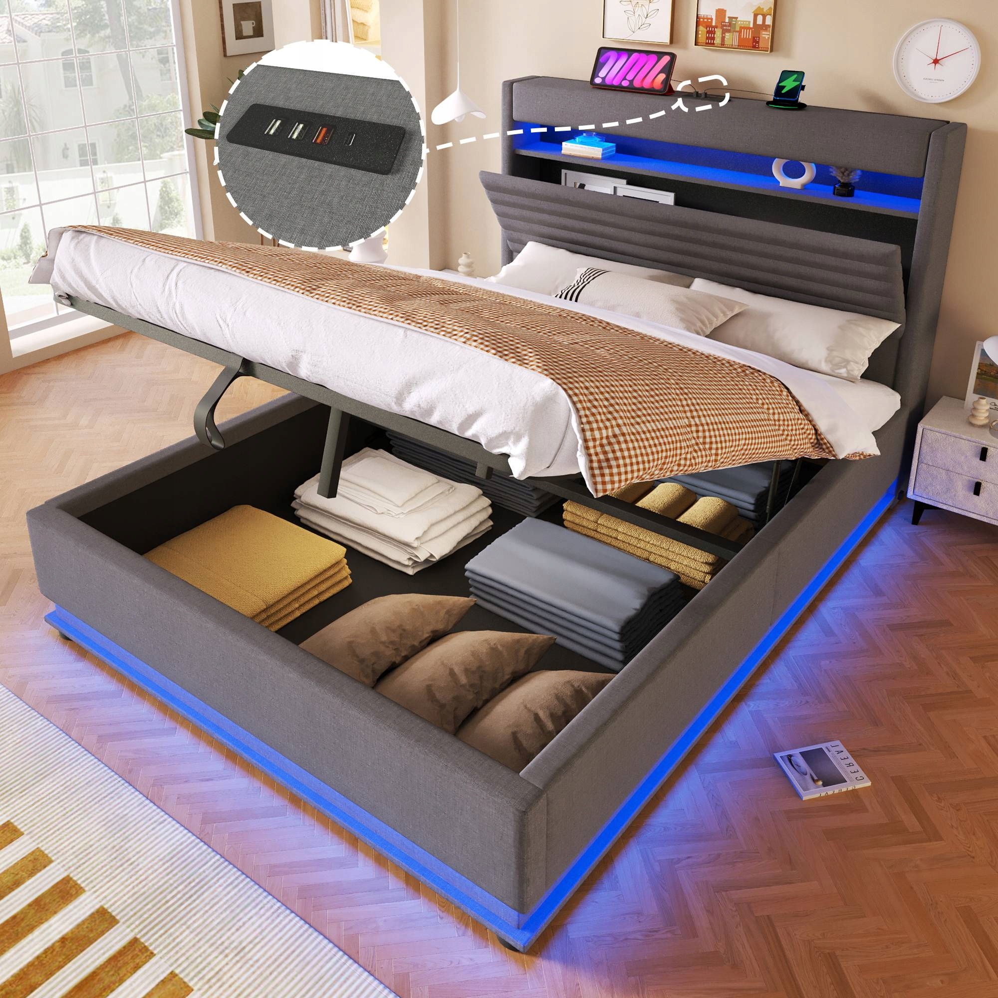 Čalouněná manželská postel Hydraulické Led Usb-c 140X200CM šedá