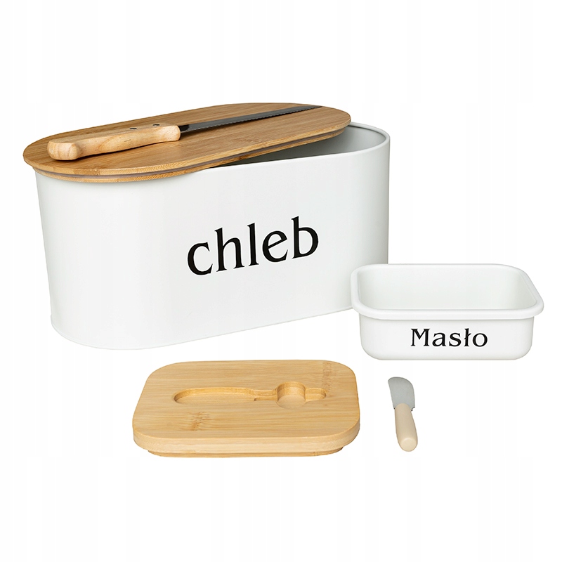 Zestaw CHLEBAK Z DESKĄ DO KROJENIA I MASELNICZKA Z NOŻEM + nóż do chleba Marka szchara