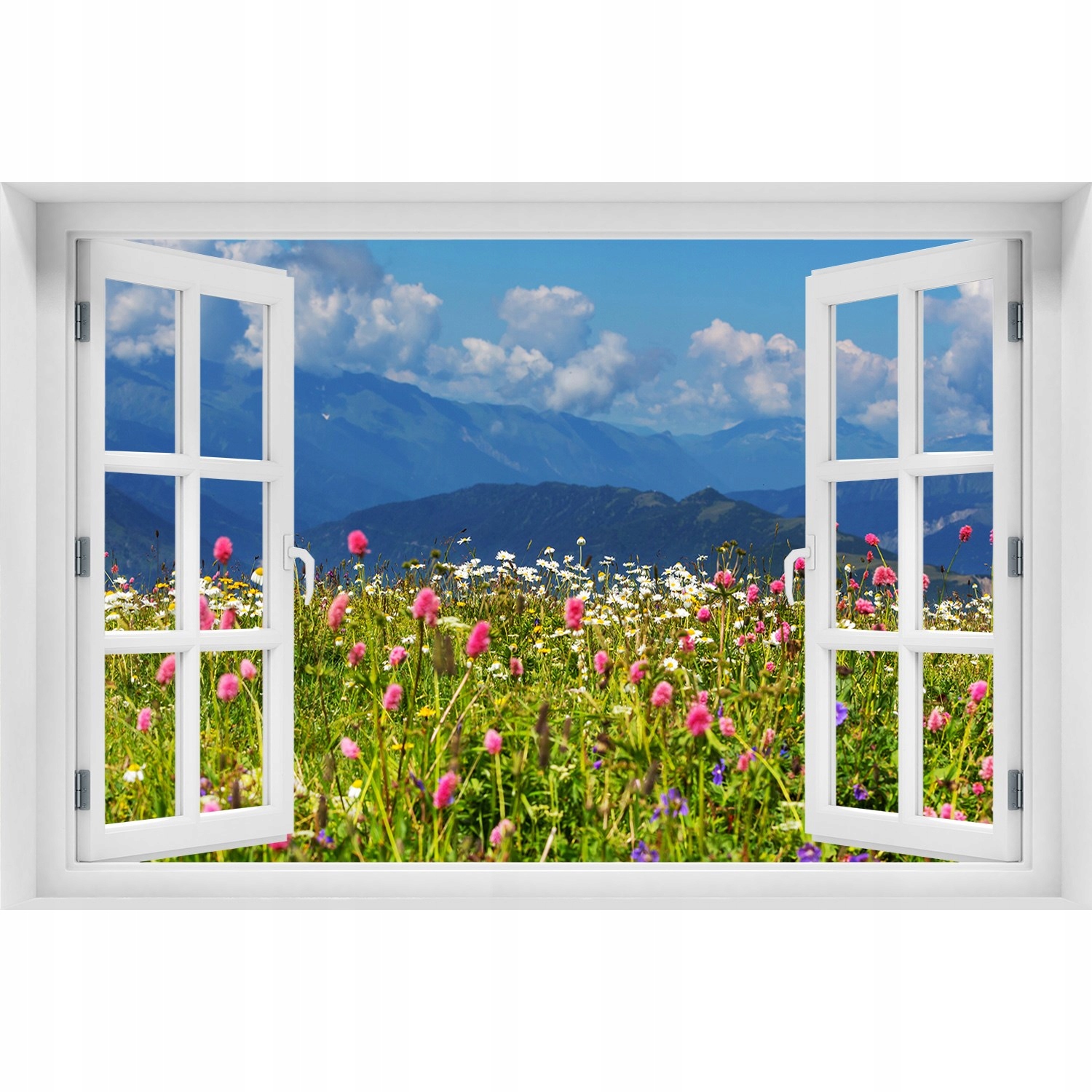

Naklejka fototapeta 3D Okno Łąka w górach 150x100