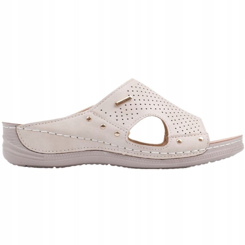 Beżowe Klapki Damskie Ażurowe Na Platformie Buty Wsuwane Wkł. Ekoskóra