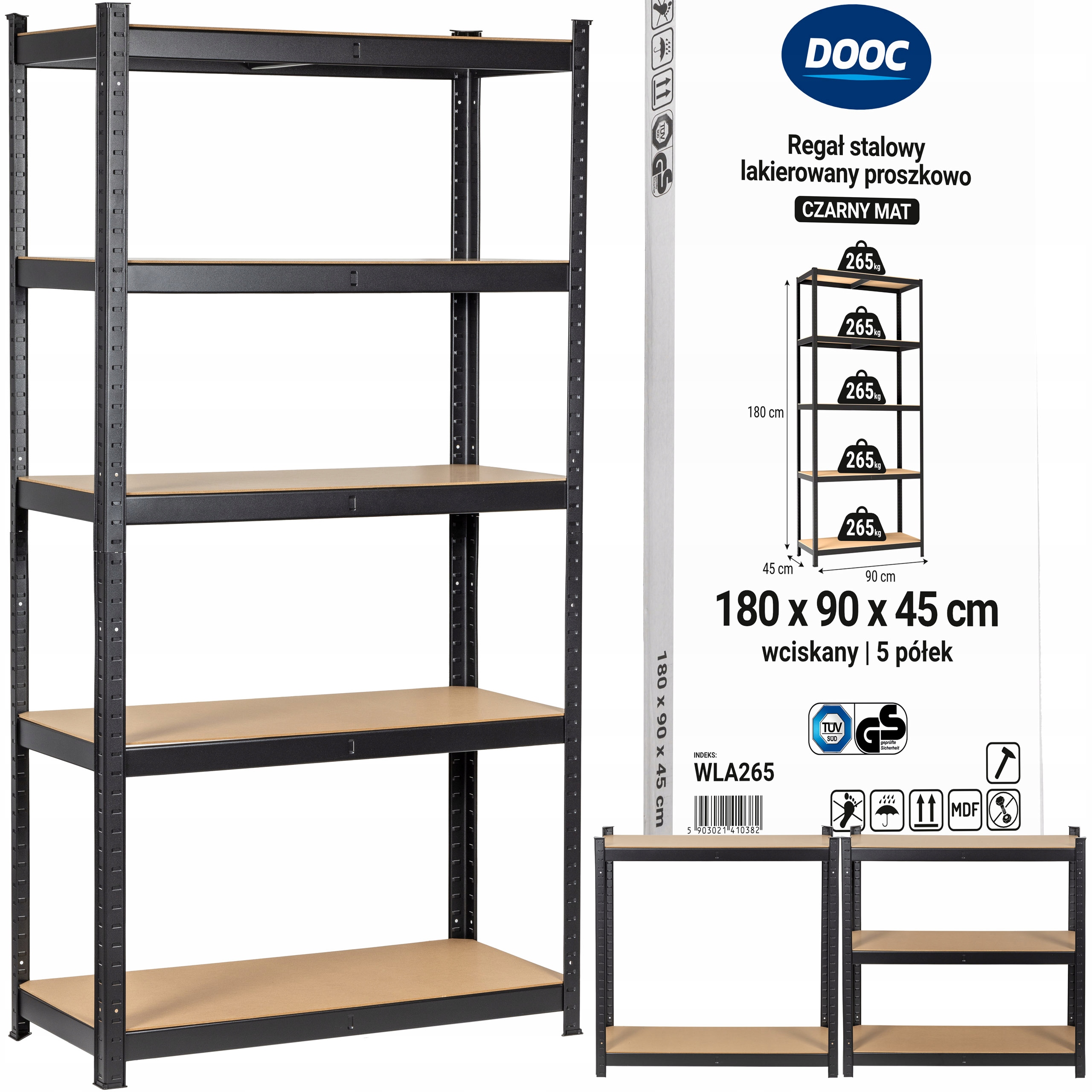 Skladový Regál Kovový Certifikát 5x265kg Černý 180X90X45 3v1
