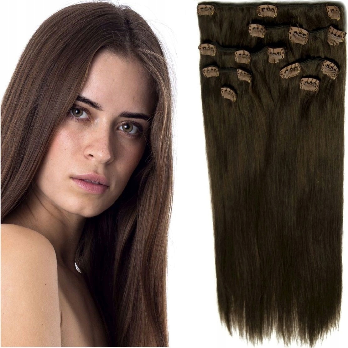 Připínací Vlasy Clip-in Hustá Sada 150 Gramů 50 CM hnědá 4