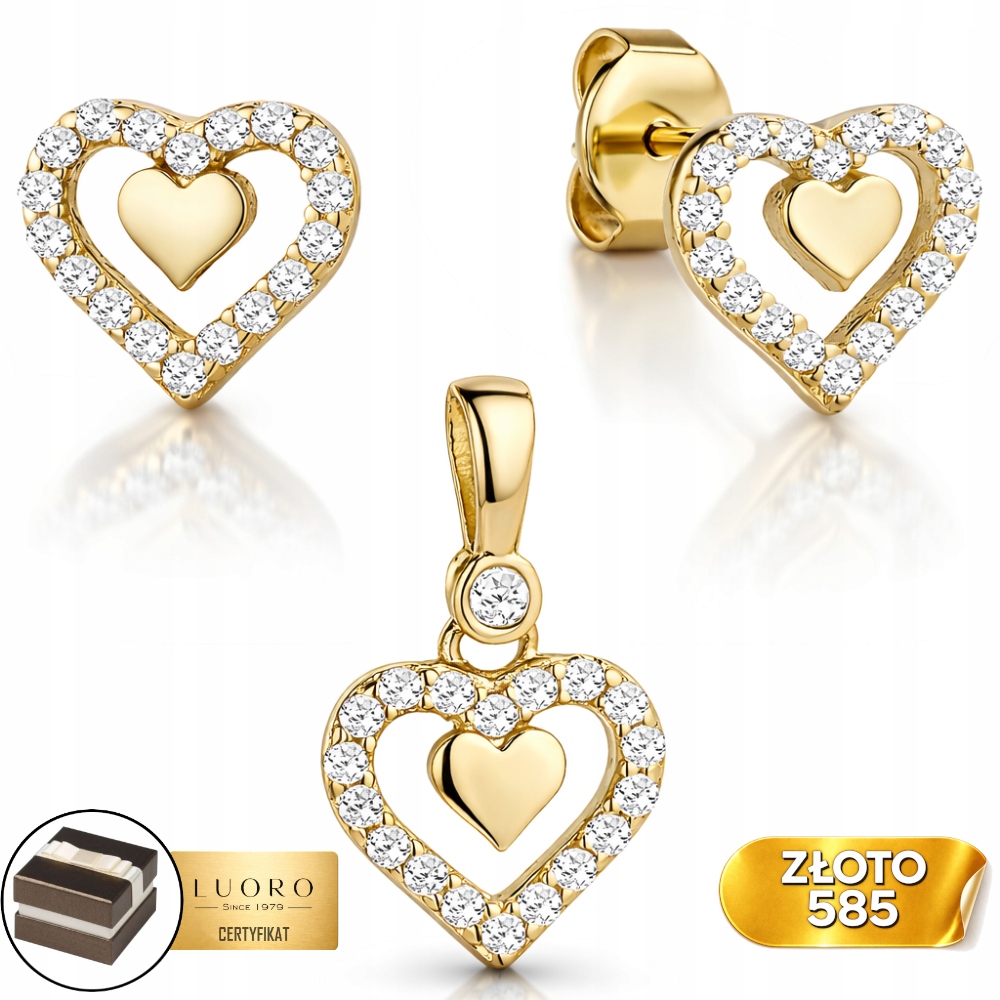 Zlatý Komplet 585 14K Náušnice Přívěsek Srdce Zirkony 15 MM Elegantní