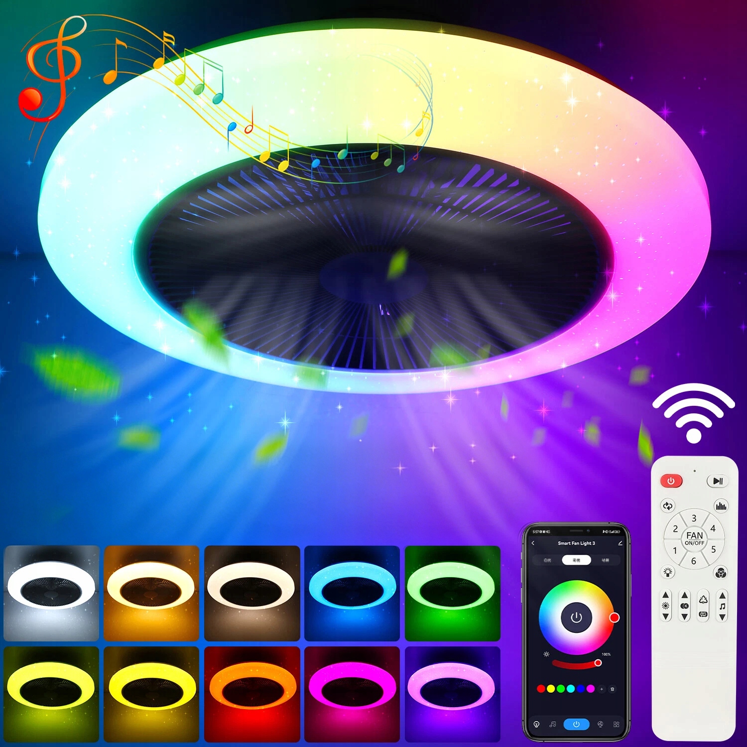 Stropní Svítidlo Led S Ventilátorem App Ovládaný Dálkovým Ovladačem Rgb, Změna Barev