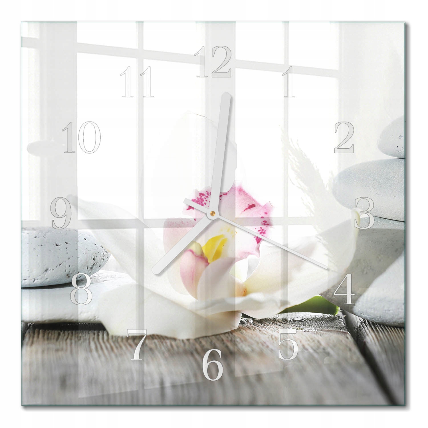 Minimalistický nástěnný skleněný hodinový stroj se vzorem do kuchyně Orchidej 30 x 30 cm