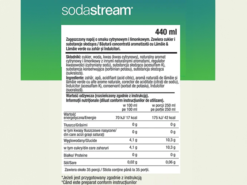 4x SYROP SODASTREAM KONCENTRAT LEMON LIME DO SATURATORA 9L NAPOJU z 440ml Pojemność 440 ml