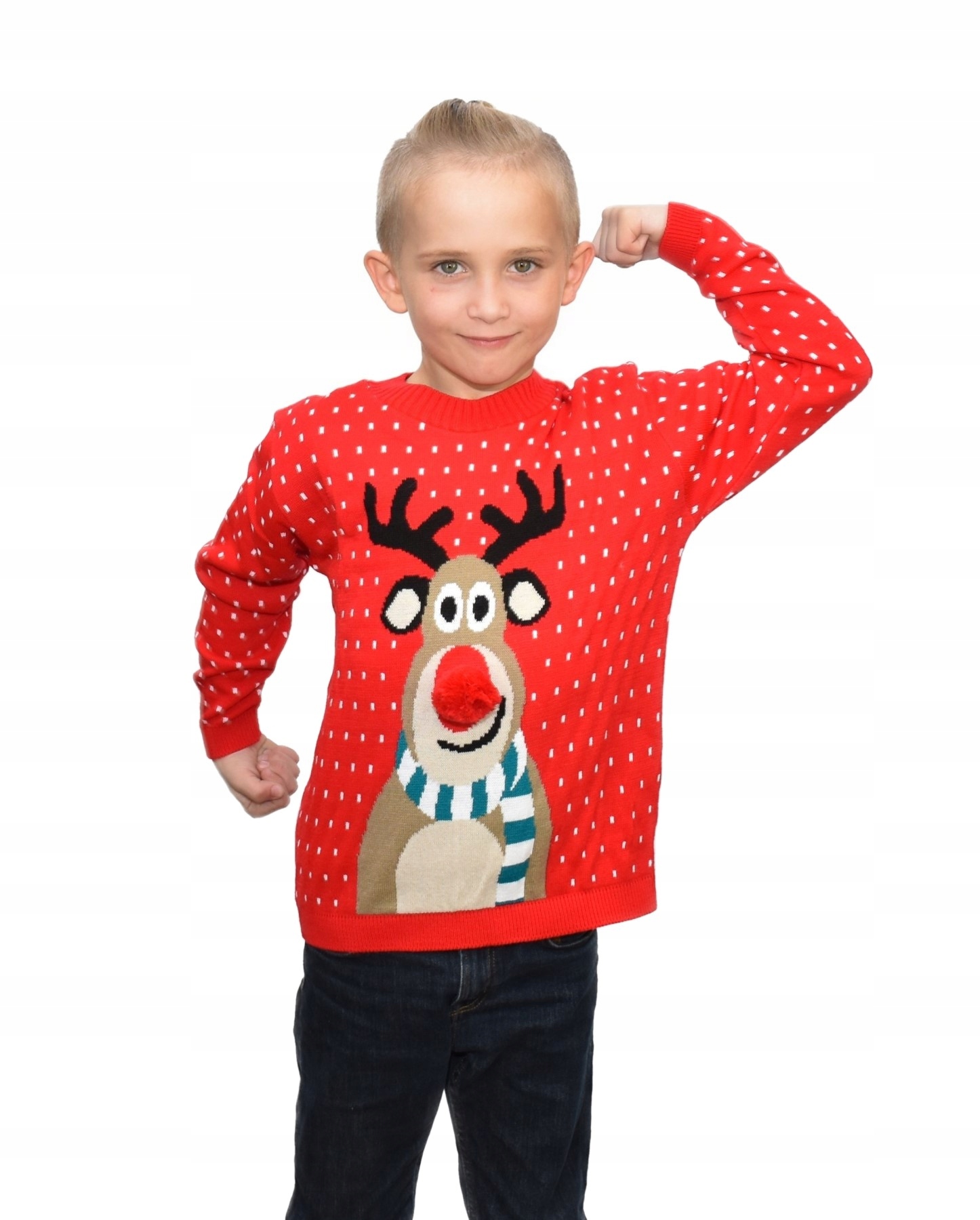 DZIECIĘCY SWETER ŚWIĄTECZNY RENIFER RUDOLF pompon czerwony ciepły 6/7 Rozmiar (new) 122 (117 - 122 cm)