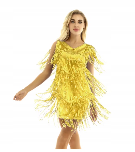 Sukienka Do Tańca Damska Latino Strój Złota Z Frędzlami M 2689