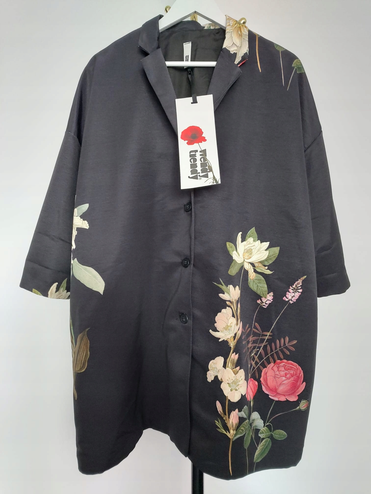 Wendy Trendy płaszcz czarny kwiat długa marynarka 46/48/50 Plus size Italia