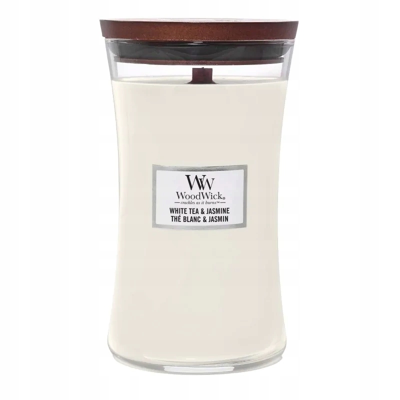 Woodwick White Tea & Jasmine vonná svíčka s dřevěným knotem, 610 g