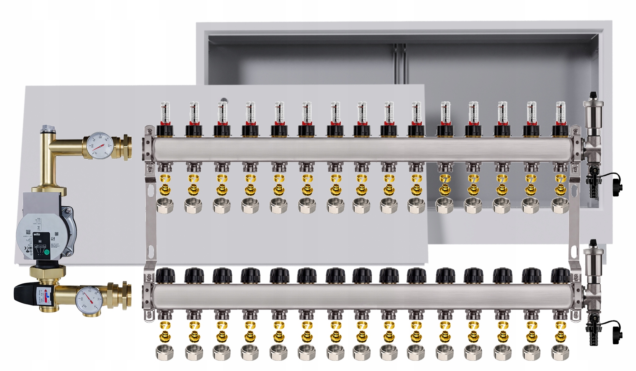 Nerezový rozdělovač pro podlahovku 15, podomítková skříňka Pumpa Wilo +pex