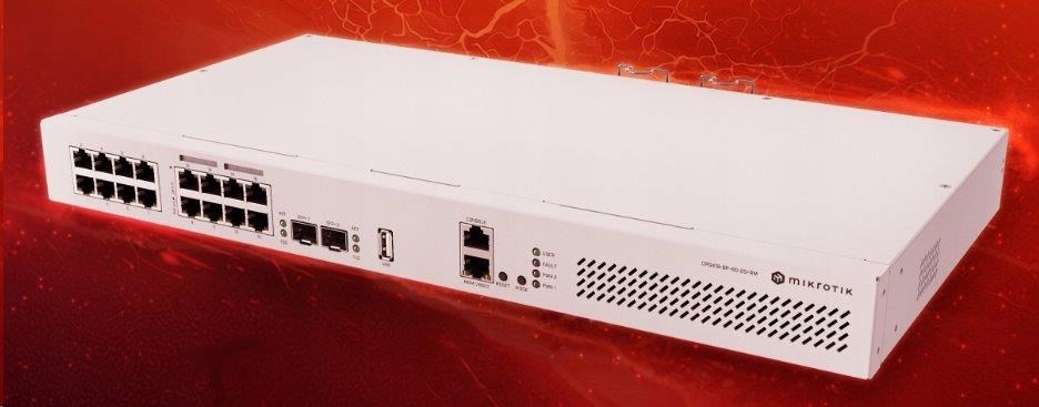 MikroTik CRS418-8P-8G-2S+RM Prepínač s routerom a PoE, 1U