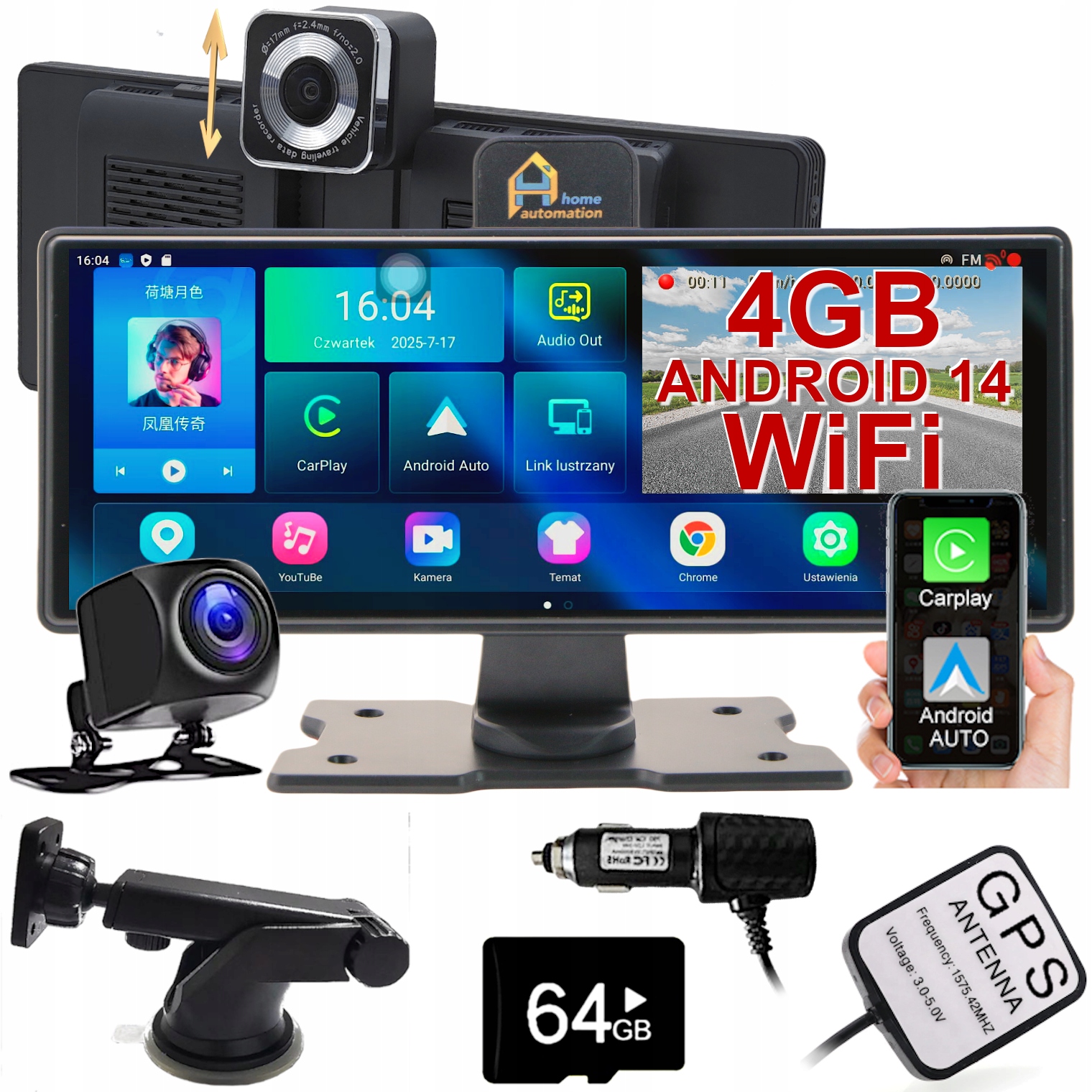 Radio Stacja Rejestrator Monitor samochodowy Kamera Nawigacja GPS Android