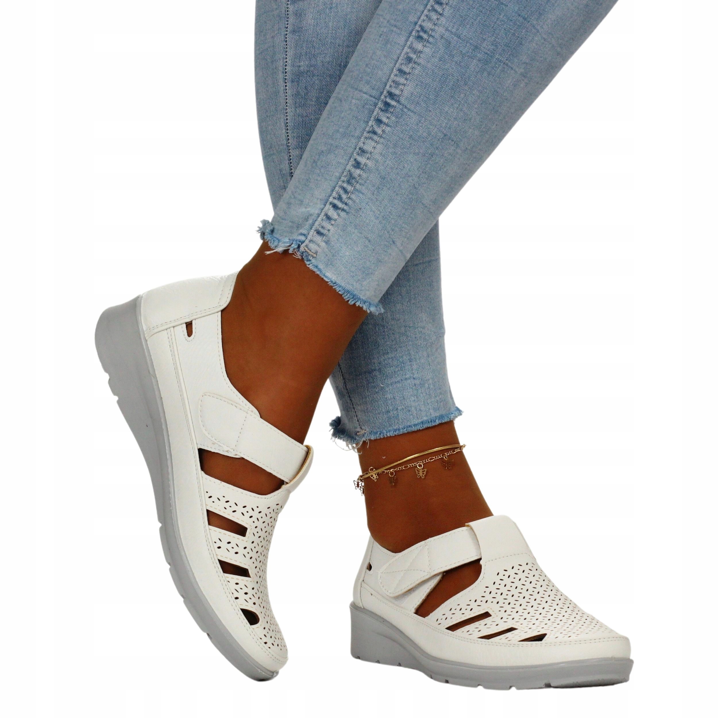 PÓŁBUTY DAMSKIE BUTY NA RZEP AŻUROWE SKÓRA NISKIE Marka inna