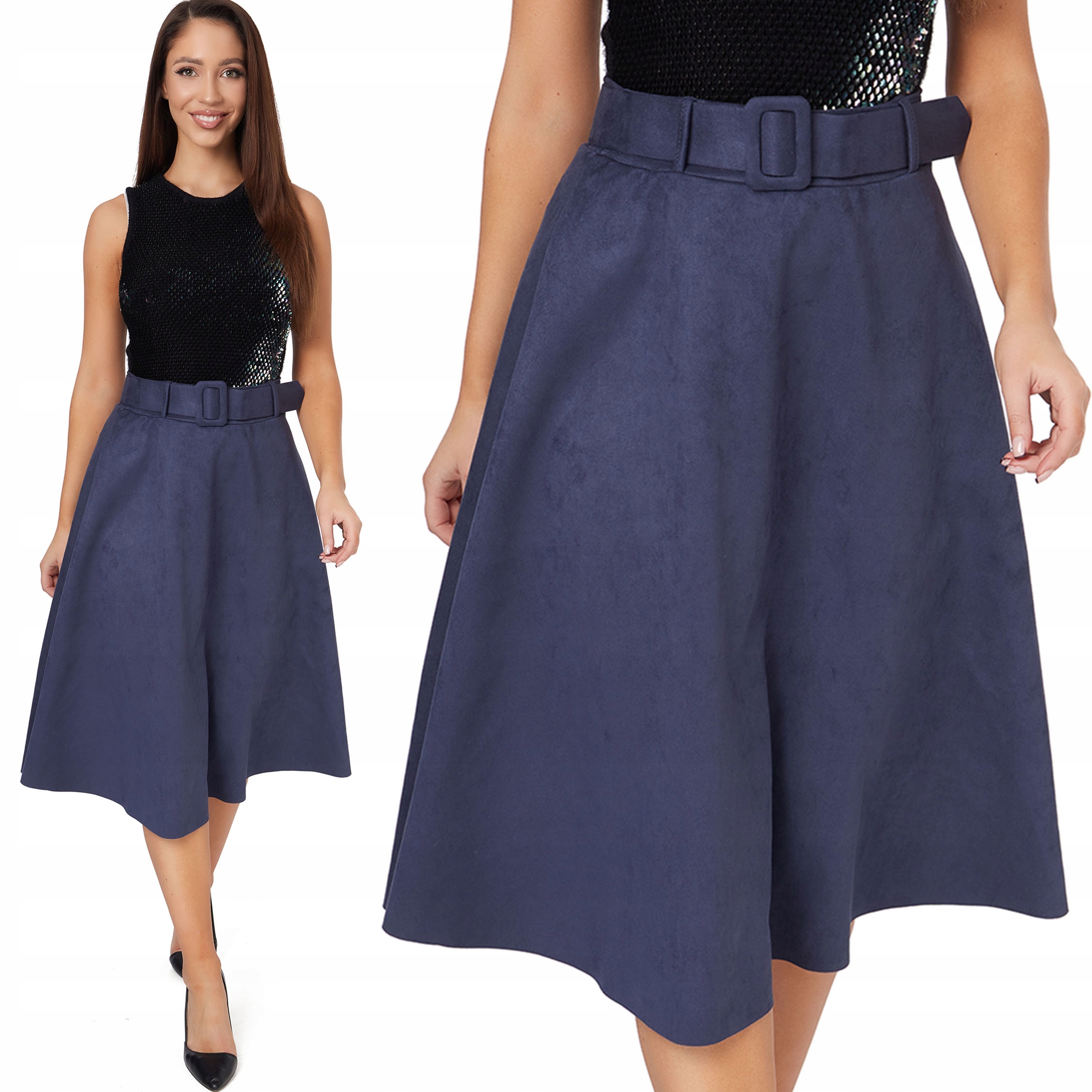 

526_ Spódnica Zamszowa MIDI Z Paskiem