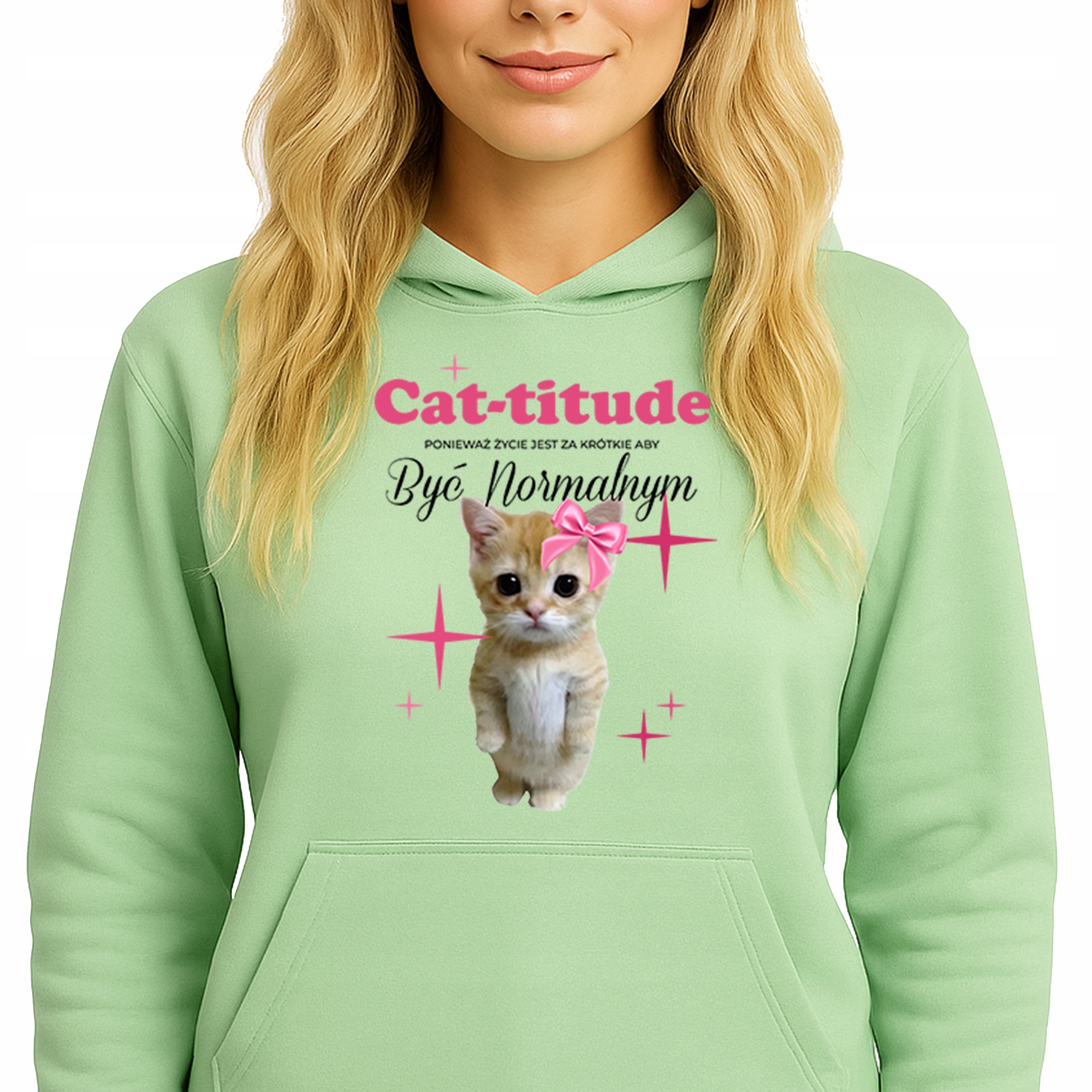 Mikina S Kapucí Zelená Hoodie Módní Cat-titude Vel S