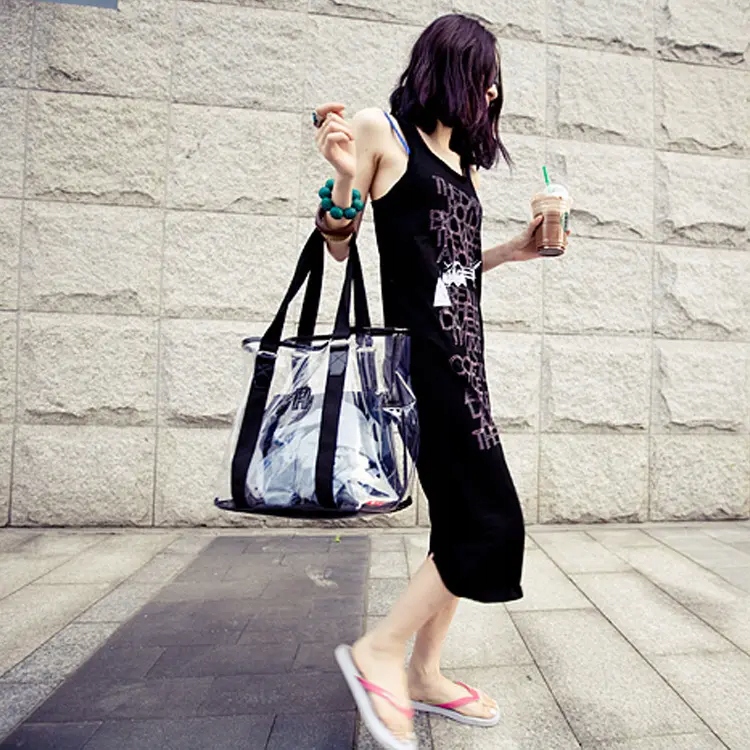 DUŻA TORBA SHOPPER BAG PRZEZROCZYSTA TOREBKA NA RAMIĘ TORBA + KOSMETYCZKA Kolor czarny