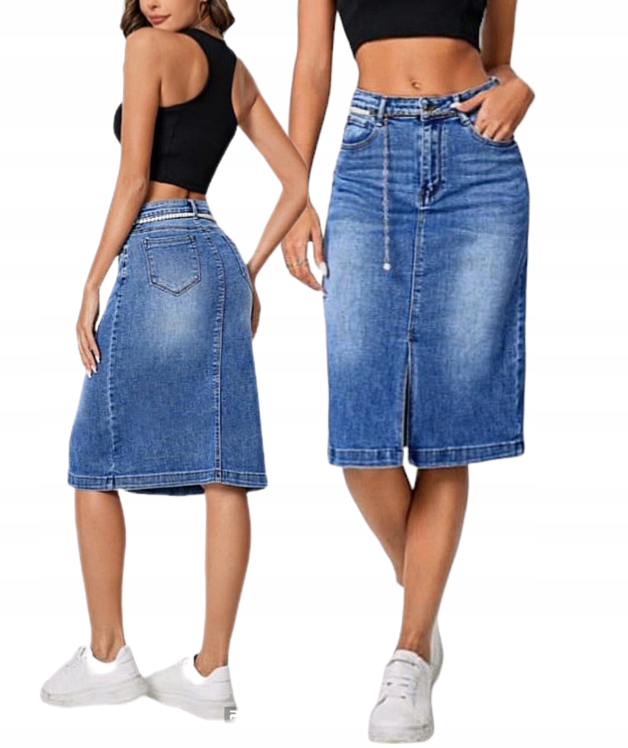 Modrá MIDI Džínová Sukně vel. 26 Xs ozdobný řetízek s perlami