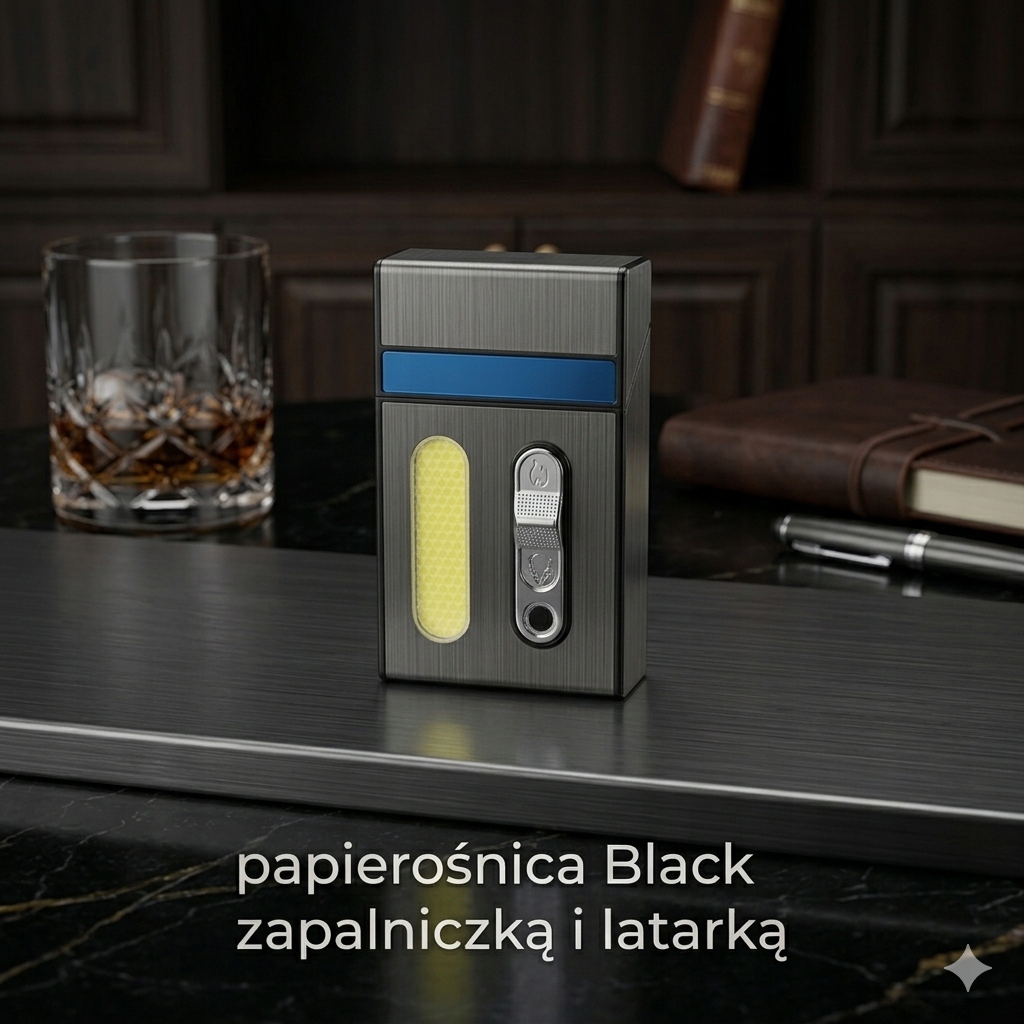 PAPIEROŚNICA Z ZAPALNICZKĄ I LATARKĄ USB 3W1 ELEKANCKIE ETUI NA 20 SZTUK