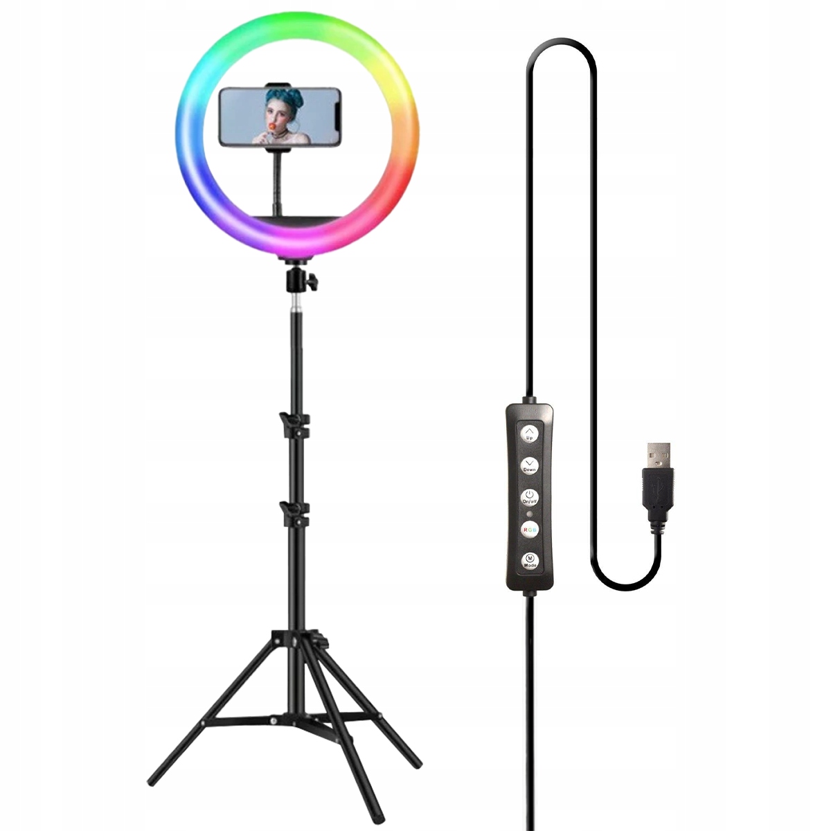 LAMPA PIERŚCIENIOWA LED ZE STATYWEM 220cm USB 80W 26cm RING RGB Certyfikat CE