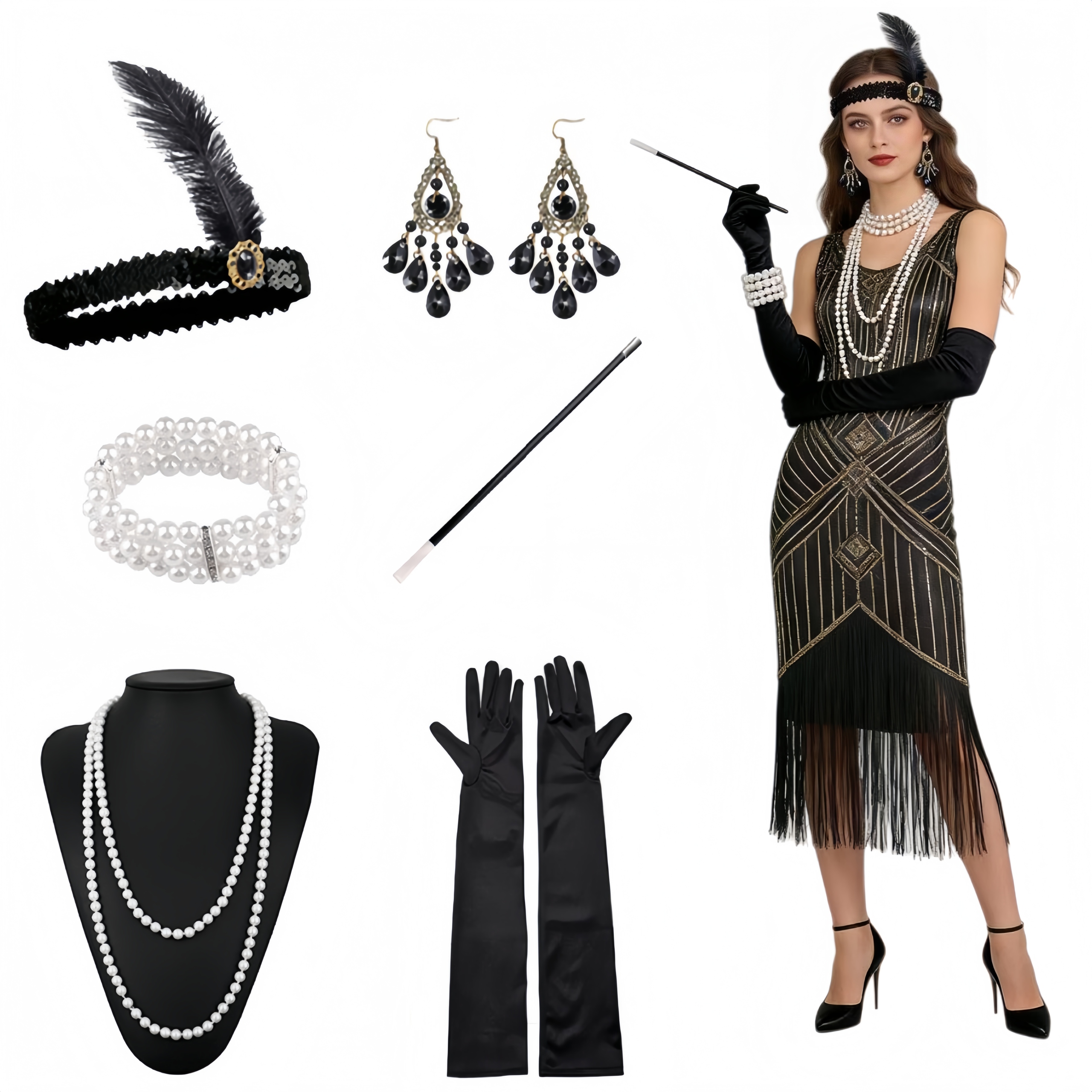 РЕТРО ЖЕНСКИЙ КОМПЛЕКТ ЧЕРНЫЙ 20 ЛЕТ FLAPPER 6 EL.