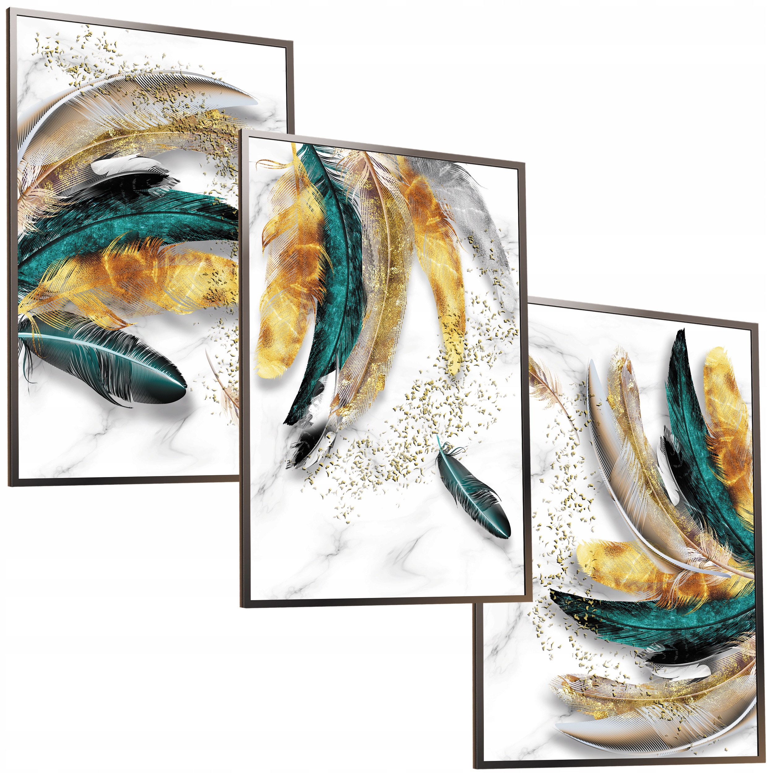 ZESTAW A3x3 RAMKA OBRAZ ZŁOTE LIŚCIE PIÓRA W RAMIE