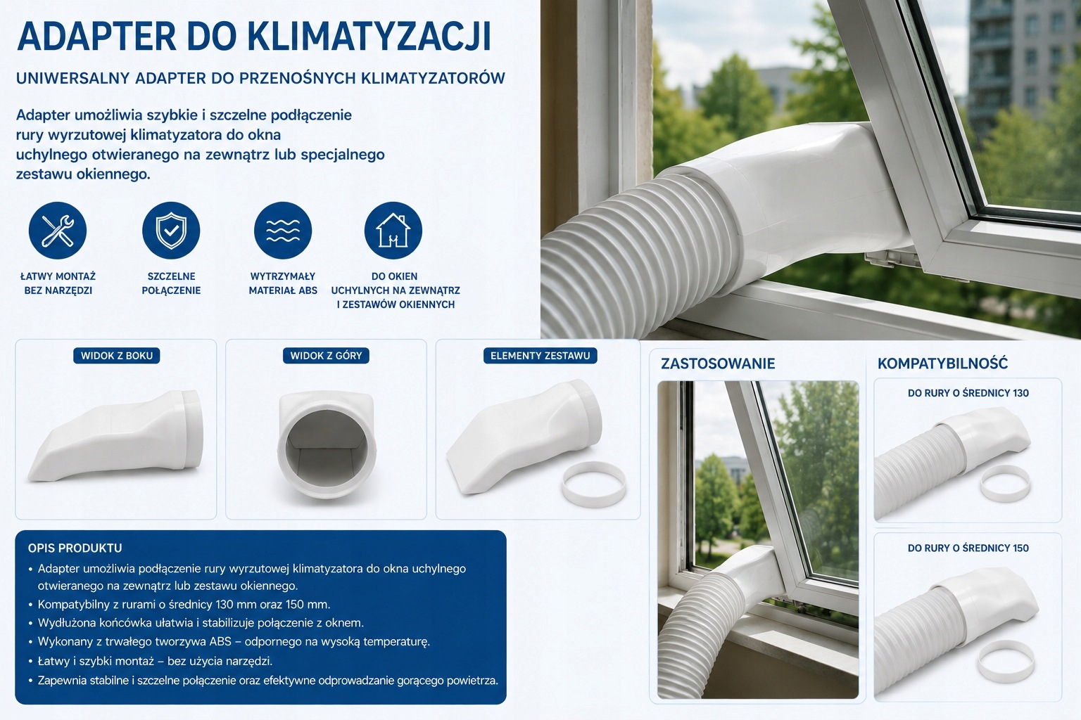 Adapter Wyjścia Klimatyzacji Do Okna Uchylnego – Rura 130 150 mm