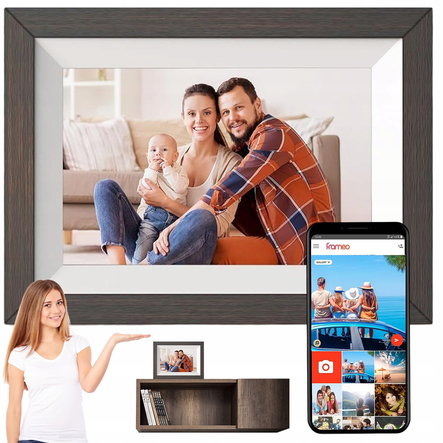 Digitální Rámeček Na Fotografie Wifi 16G 10,1" Dřevěný Rám Automatické Otáčení