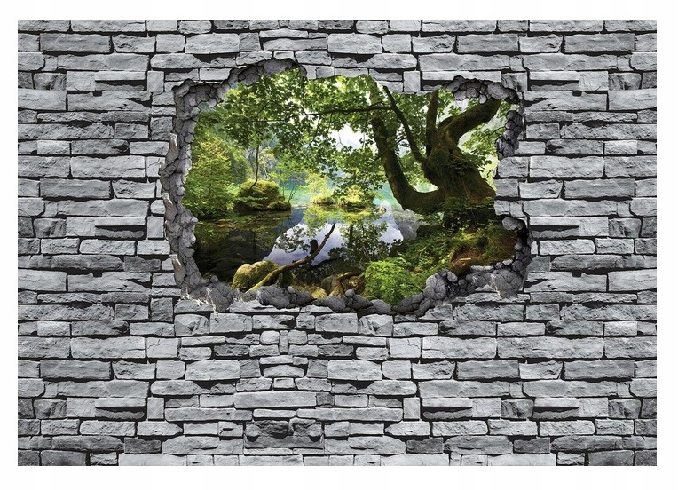 Fototapeta 3D Mur Cihly Les Stromy Obývací pokoj 312x219