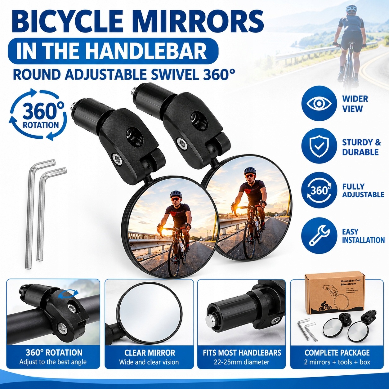 Lusterka Rowerowe W Kierownicę Do Roweru Okrągłe Regulowane Obrotowe 360°