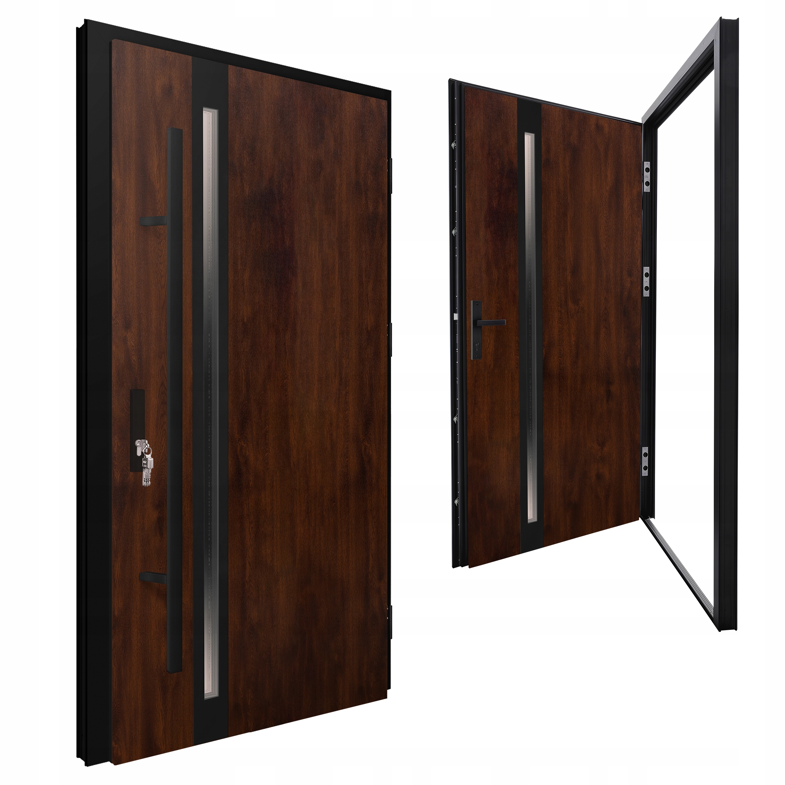 DRZWI ZEWNĘTRZNE WEJŚCIOWE STALOWE 90 LEWE ORZECH 92mm CZARNA OŚCIEŻNICA!