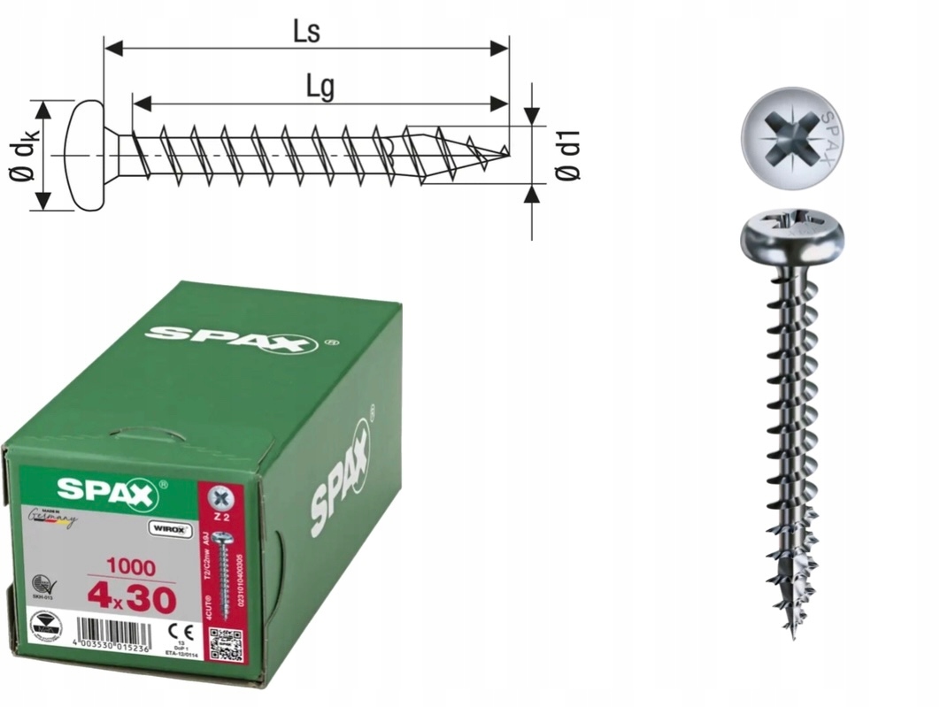 Univerzální vrut do dřeva spax 4 x 30 Wirox Hb Pz 1000 ks